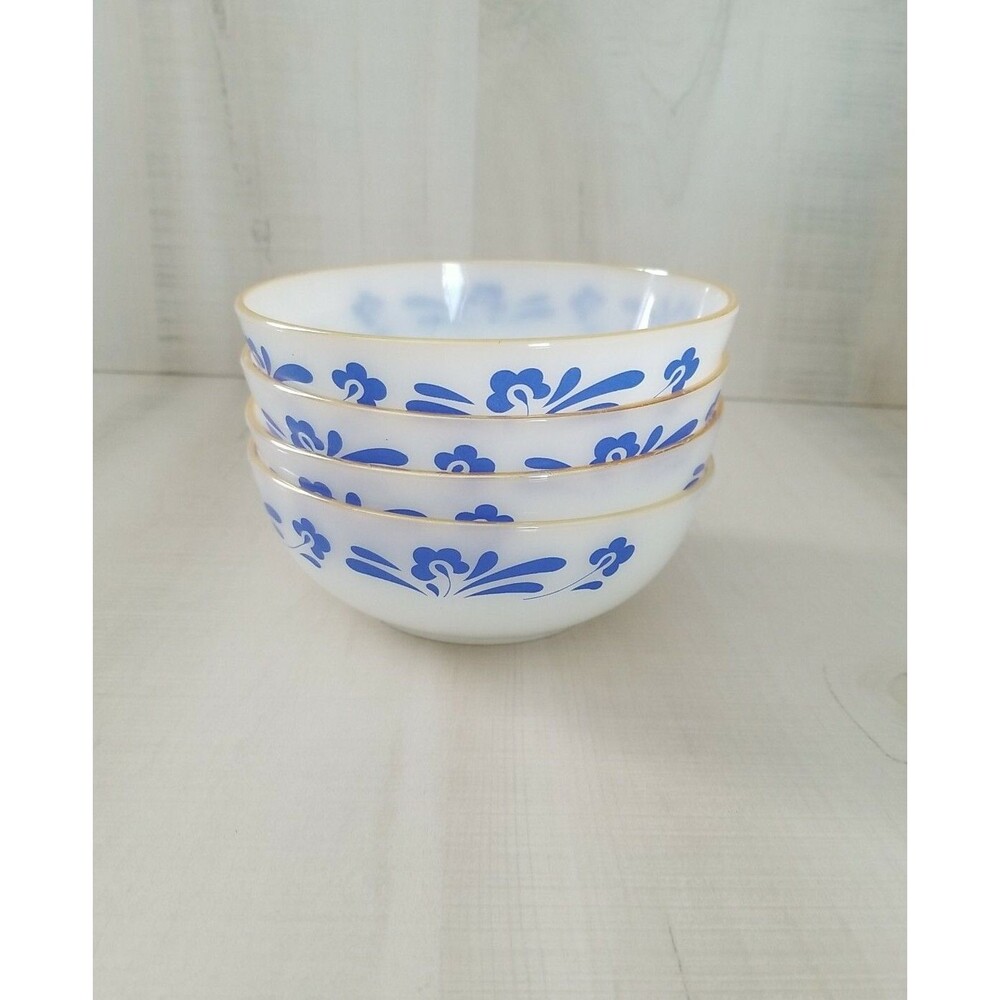 4 vintage Termocrisa Milk Glass Bowls White w Blue Floral 5.5" stand not includ